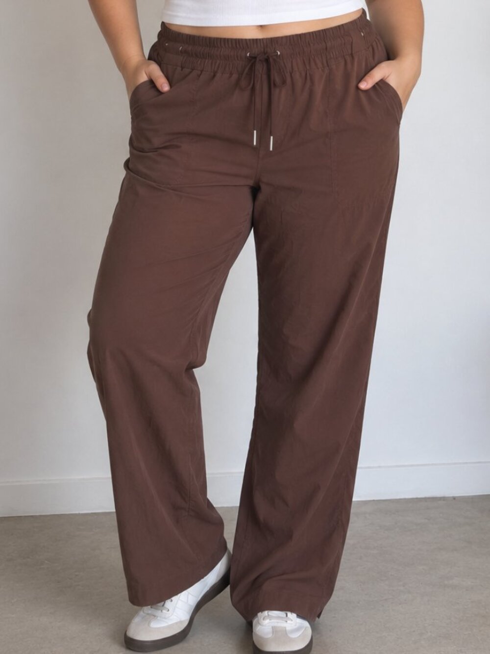 Mondetta L Brown Pull On Straight Leg Pants Stretch Drawstring Travel